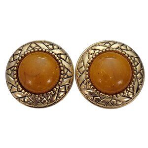 Gold Tone Gilt Style Round Confetti Lucite Clip On Earrings E284